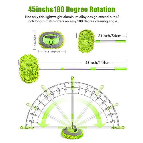 2 in 1 Chenille Microfiber Car Wash Brush Kits Mop Mitt with 45\" Long Handle (Aluminum Alloy)，Car Cleaning Kit Supplies Brush Duster，Scratch Free Cleaning Tool for Washing Truck，Car，RV (Green) - Thumbnail 2
