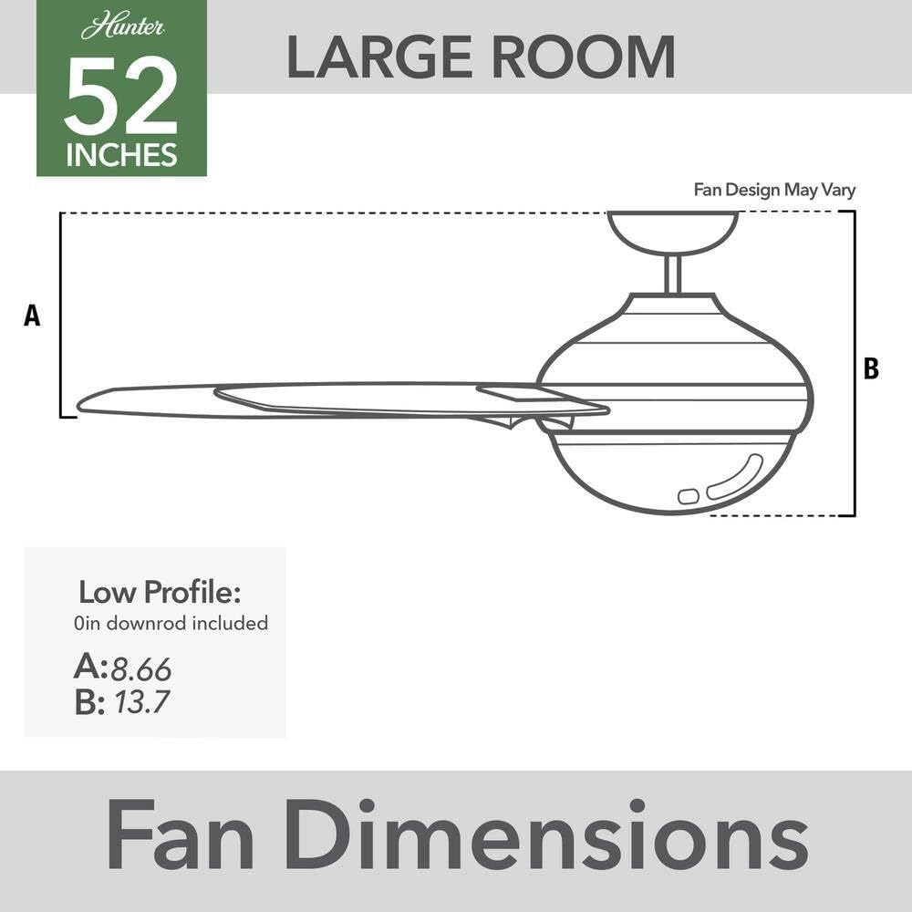 Hunter WhisperWind motor diagram showing low, medium, and high speed settings suitable for sleeping, relaxing, and activities