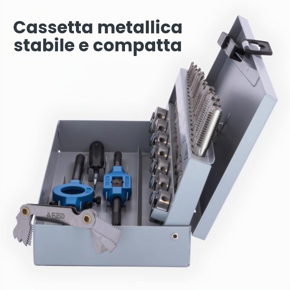 GSR Set maschi e filiere GSR M3–M12 – Kit professionale 32 pezzi HSS-G con maschi a mano, filiere tonde, giramaschi regolabile, portafiliere, calibro filettature e valigetta in metallo