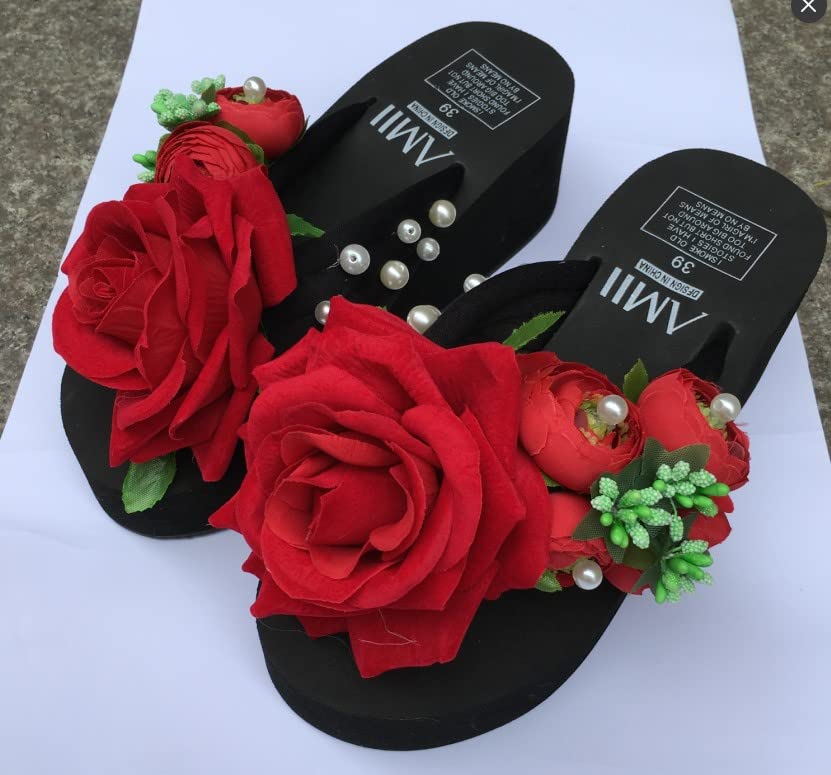 Loizziuy Black Floral Slippers Summer Women's Sandals Elevated Heels Thick-Soled Platform Handcrafted Rose Flower Decor for The Beach2