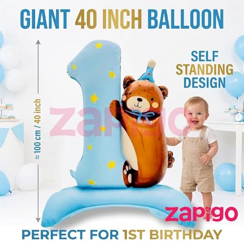 Image of Balloonistics Number 1 Self-Standing Blue Foil Balloon with Teddy Bear | 1st Birthday Baby Boy Decoration | First Birthday Balloon | No Helium Needed