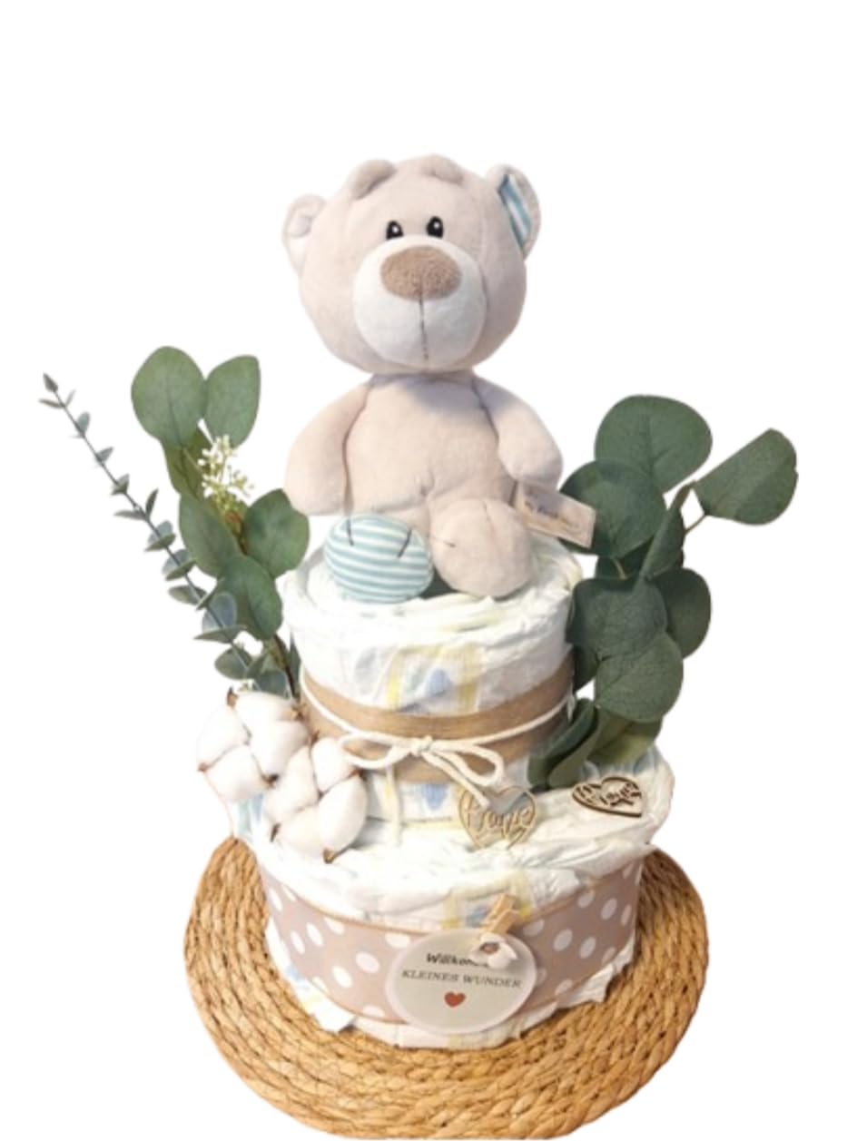 Windeltorte, mit süßen Teddy, Handmade, Made in Germany, Geschenk zur Geburt