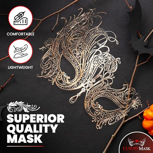 Image of Metal Filigree Masquerade Mask for Women - Swan Style Mask with Rhinestones for Mardi Gras, Prom, Halloween & Venetian Party