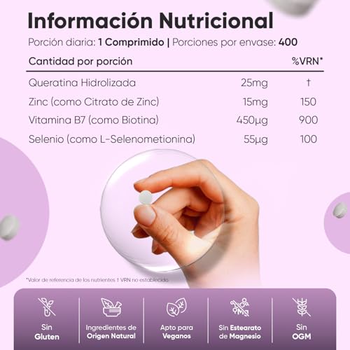 Biotina con Queratina, Zinc y Selenio - 400 Comprimidos Veganos para +1 Año de Suministro - Complejo de Vitamina B7 para Mujer y Hombre, Sin OGM ni Gluten - imagen 4