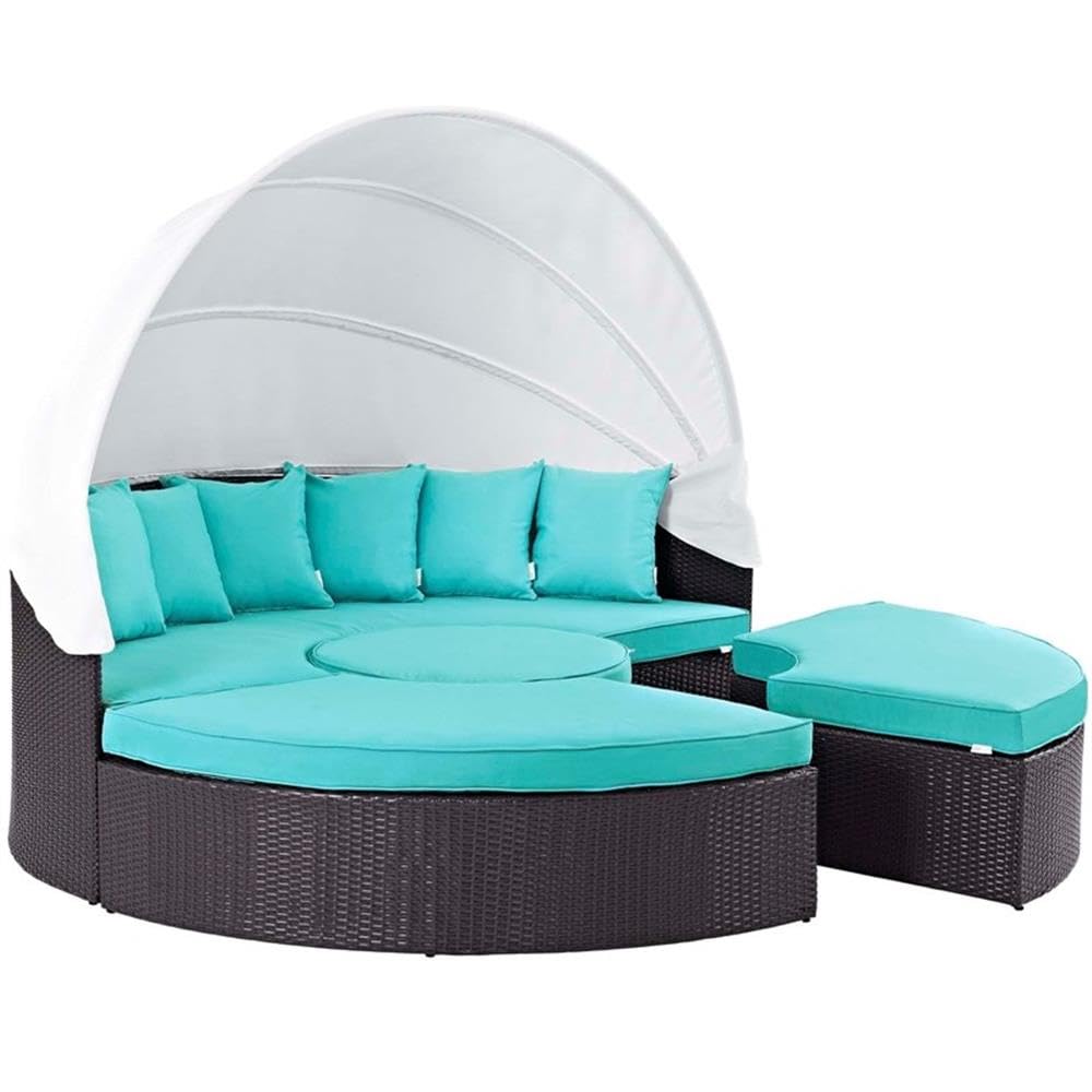 Modway Convene Wicker Rattan Outdoor Patio Retractable Canopy Round Poolside Sectional Sofa Daybed with Cushions in Espresso Turquoise