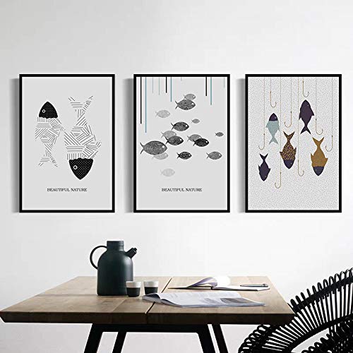 Toile Art Poisson Cuisine et Salle à Manger Triptyque Moderne Graphique