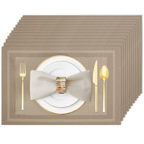 Uolr Khaki Vinyl Placemats Set of 12, Heat Resistant Table Placemats