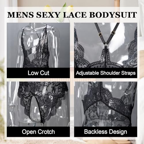 Mens Lace Bodysuit Sexy Mesh Sheer One Piece Swimsuit Sissy Thong Leotard Jumpsuit4