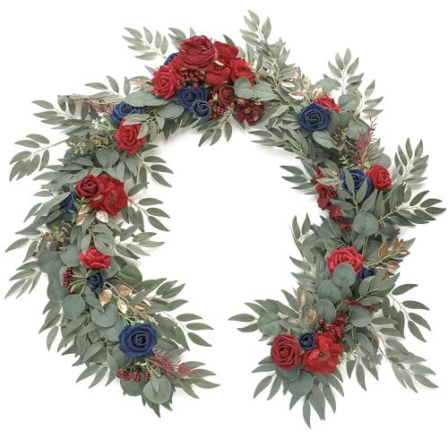 Floroom 6ft Artificial Eucalyptus Garland with Flowers Fake Greenery Faux Floral Vine Garland for Table Decor Wedding Centerpieces Bridal Shower Party Decorations, Dark Red Burgundy Navy