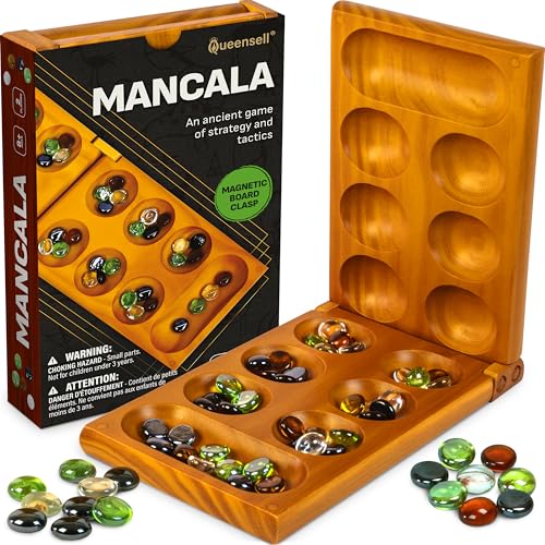 Mancala Board Game for Kids and Adults Wooden Folding Mancala Set with Magnetic Lock and 56 Stones Classic Strategy Board Game Travel Size