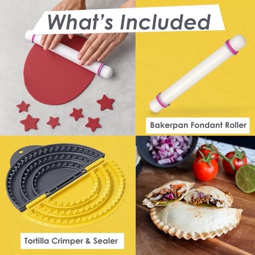 Image of 3-in-1 Tortilla Sealer, Tortilla Crimper Includes Free Rolling Pin - Adjustable and Removable 6, 8 & 10 Inch Plates for Burritos, Tacos, Quesadillas, Dumplings & Sandwiches - Yellow & Black