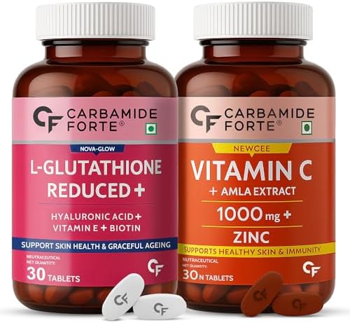 Carbamide Forte Japanese Reduced L-Glutathione 500mg with Hyaluronic Acid Tablet & Vitamin C with Amla Extract | Glutathione Tablets & Vitamin C Supplement | 30 Veg Tablets Each