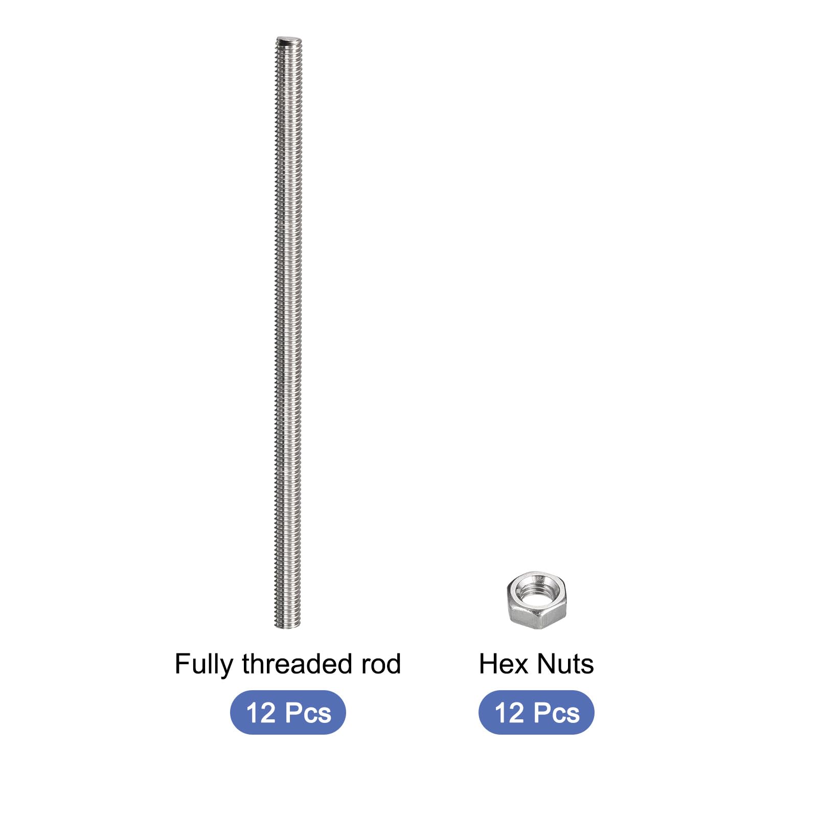 QUARKZMAN 12 Pcs M5 x 250mm Entièrement Fileté Tige avec 12 Pcs Hex Écrous, 0,8 mm Filetage Pas 304 Inox Acier Droite Main Fileté Tiges Barre Goujons