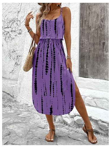 Image of RoseSeek Women's Spaghetti Strap Tie Dye Cami Sun Dress Beach Midi Summer Dresses Resort Wear Vacation Outfits