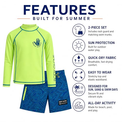 Image of Body Glove Boys Swim Set - 2 Piece Boys Swim Trunks with Rash Guard UV Protection Swimsuit Kids Bathing Suits (Sizes 4-12)