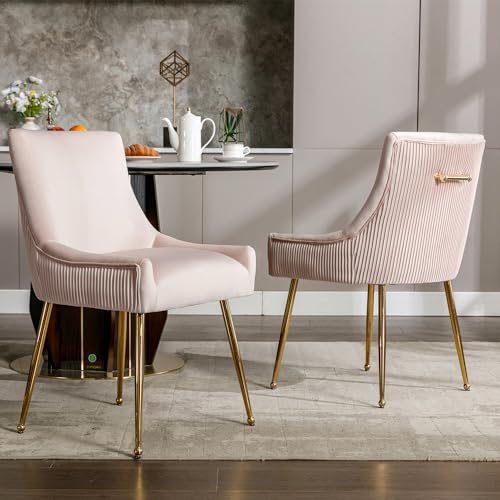 Juego de 4 sillas de comedor con rayas verticales, tapizadas, patas de metal, sillas modernas para salón, dormitorio, salón, color rosa
