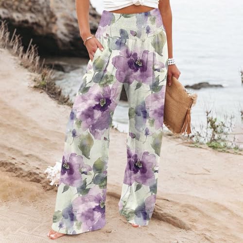 Womens Linen Wide Leg Pants Floral Printing Elastic High Waisted Long Boho Beach Pant Trousers with Pockets2