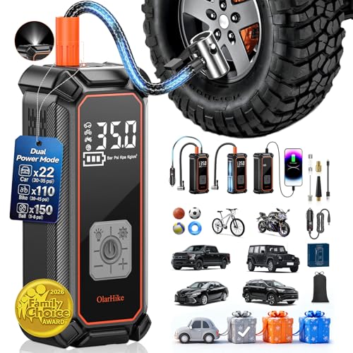 Image of OlarHike Tire Inflator Portable Air Compressor, Battery Powered, 7500mAh, Dual Mode, Auto Air Pump for Car Tires, Motorcycle, Bicycle, Electric Pump with LED Light & Digital Pressure Gauge