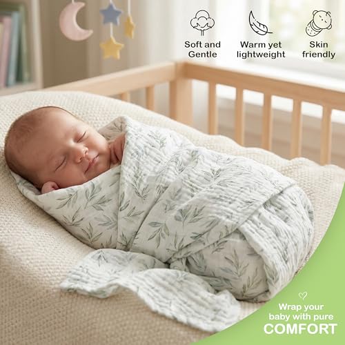 Image of Organic Muslin Baby Blanket 3-Pack Green, Ivory & Floral 38x40 Inch 100% Organic Cotton Oeko-TEX Certified Hypoallergenic Swaddle Blanket for Newborn Girls, Pastel Baby Girl Gift