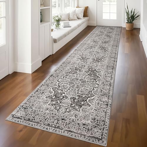KUTA Vintage Washable Runner Rug 2.6x12, Non-Slip Hallway Kitchen Rugs Tan Grey with Rubber Backing, Ultra Soft Printed Distressed Modern Medallion Extra Long 12ft Runners Indoor for Bedroom