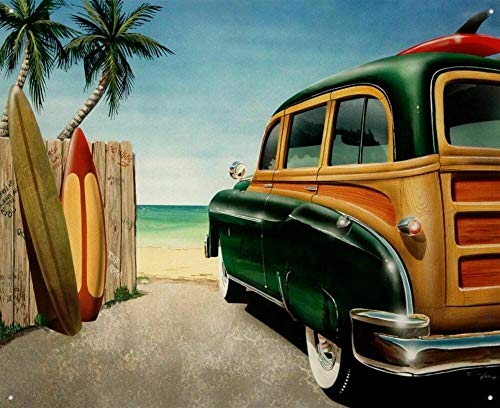 Retro Woody Wagon Surf Board Metal Tin Sign Picture Beach Classic Car Decor Gift Retro Wall Home Bar Pub Vintage Cafe Decor, 8X12 Inch #TOP8