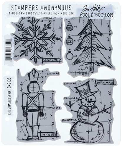 Stampers Anonymous Tim Holtz Cling Rubber Stamp Set, 7 by 8.5-Inch, Christmas Blueprint