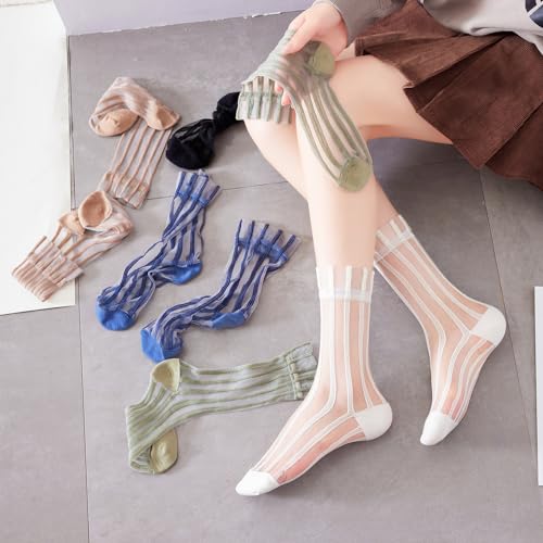 Image of Yomutuir Sheer Socks for Women, Summer Mesh Stripe Patterned Transparent Thin Lace Elastic Crystal Glass Socks