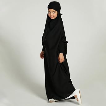IKADEX Girls Muslim Dress One-piece Abaya Hijab Satin Hooded Kaftan Arabic Islamic Prayer Robe