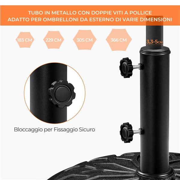 Yaheetech Base per Ombrellone da Giardino 24,7 kg in Resina e Metallo con 4 Ruote e Freni per Pali da Ø34/38/48mm con 2 Manopole Cortile Piscina Esterno Nero