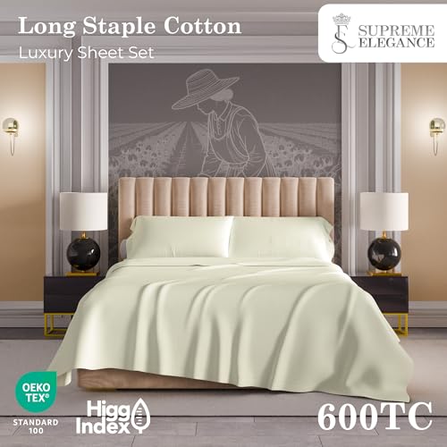 Image of 600 Thread Count Fresh Ivory Bed Sheets Set Twin Size, 100% Cotton Ultra-Soft & Silky, Back to School College Essentials, Wrinkle-Resistant Sateen Weave Deep Pocket Twin Sheet Set (Twin Fresh Ivory)