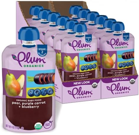 Plum Organics | Stage 2 | Organic Baby Food Meals [6+ Months] | Pear, Purple Carrot & Blueberry | 4 Ounce (Pack of 12) Packaging May Vary