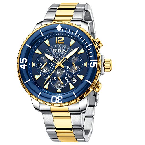 43MM Watches for Men Moon Phase Watches Chronograph Waterproof Analog Quartz Full Steel Wrist Watch Wristwatch Luxury Fashion Casual Business Dress Watch with Calendar Date (Gold Blue)