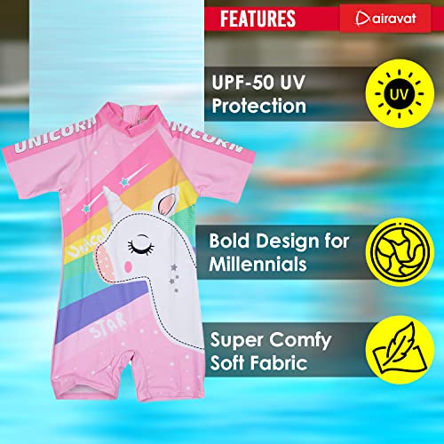 Image of AIRAVAT Girl's Swimsuit Set, Swimming Costume, Swim Costume, 1513 Unicorn Girls Bathing Suit Swimwear, Half Sleeve 1 Piece Swimming Wear for Girls