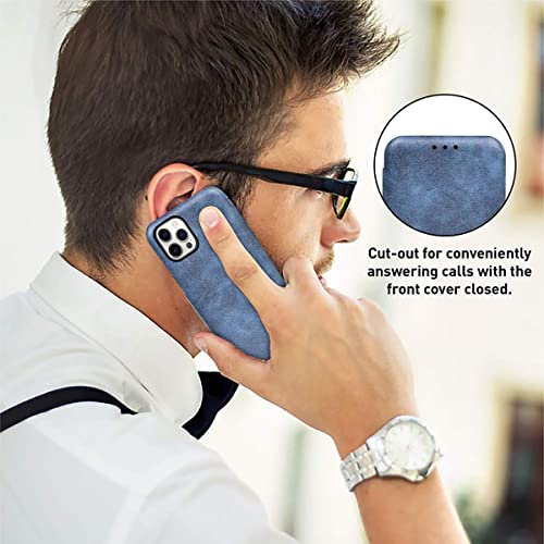 Image of PULOKA for iPhone 13 - Sleek Flip Case - Premium Vegan Leather Phone Cover with Card Slot - Slim, Durable, Privacy Protection - Kickstand Function - Elegant Flip Wallet Cases for Apple - Blue