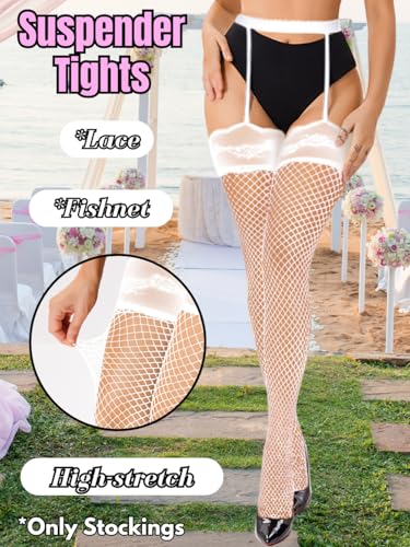 Image of ShawGobow Lace Top Fishnet Stocking,Sexy Garter Belt And Thigh Highs Set,Suspender Tights Women Wedding Date Night Boudoir