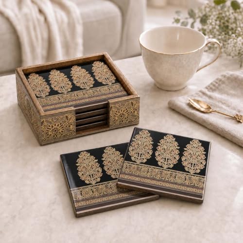 Image of The Earth Store Premium Royal Heritage Wooden Coaster Set of 6 with Matching Holder - Engineered Wood with Resin Art Wooden Coaster | Tea Coaster Set of 6 | Square Coaster Set for Dining Table