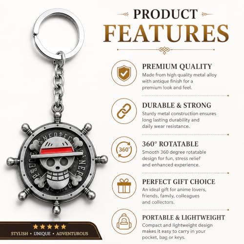 Image of One Piece Anima Manga Pirate Flag Logo Wheel Rotating Heavy Metal Keychain,|Anime Key ring| Perfect Keychain For Anime Lover|car Bikes Gold & Grey Combo pack