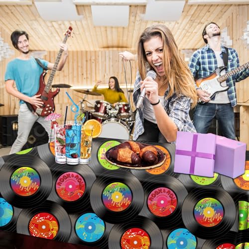 Image of 3Pcs Rock and Roll Tablecloth, 1950's Rock and Roll Music Party Decorations Plastic Rectangular Record Table Covers for 50's Theme Rock Music Birthday DJ Party Supplies