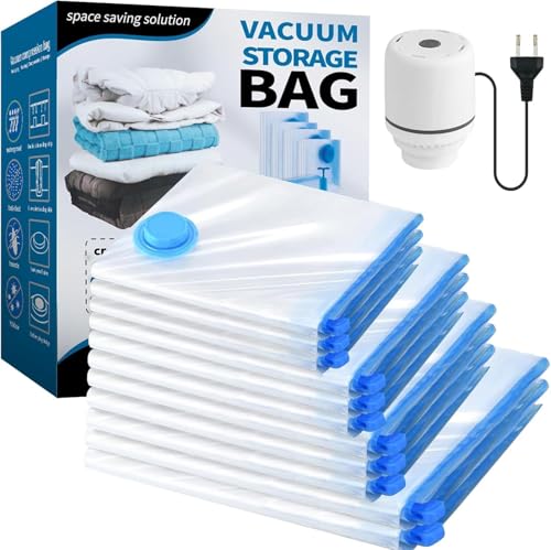 Bolsas de Vacío Ropa con Bomba Eléctrica Portátil, 11 Bolsas de Almacenaje al Vacio (2 extragrandes, 3 grandes, 3 medianas y 3 pequeñas), Reutilizables Sacos Vacuo Para Guardar, Mantas y Edredones