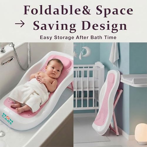 Image of MOM CARE Foldable Baby Bath Support Seat for Newborn (0-6 Months) | Anti-Slip Silicone Baby Bather | Ergonomic Infant Bath Seat for Sink, Tub & Floor | Portable Newborn Bath Support Chair | Pink
