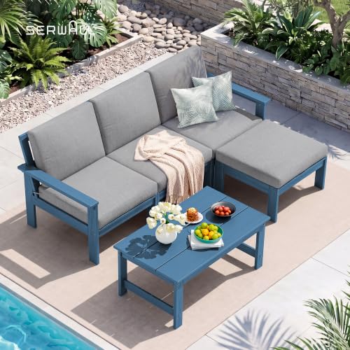 Image of SERWALL HDPE Outdoor Ottoman with Cushions for Outdoo Sofa | Blue Frame & Gray Cushions