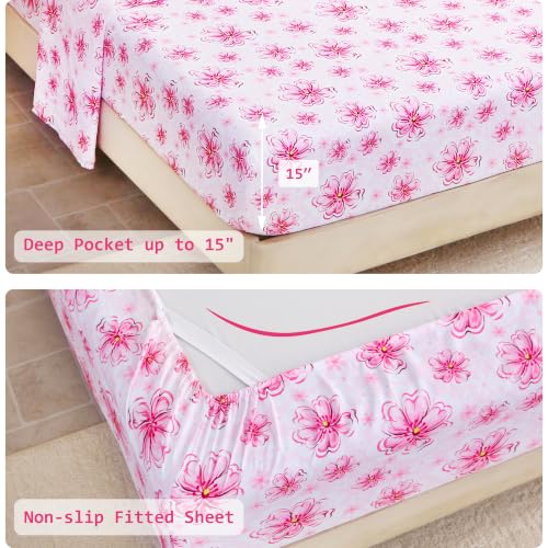 Image of lasoftan Floral Queen Comforter Set with Sheets, 7 piece Luxury Vintage Bedding, Soft Microfiber Bed in a Bag, Cozy Lightweight Bed Set, Pink Floral