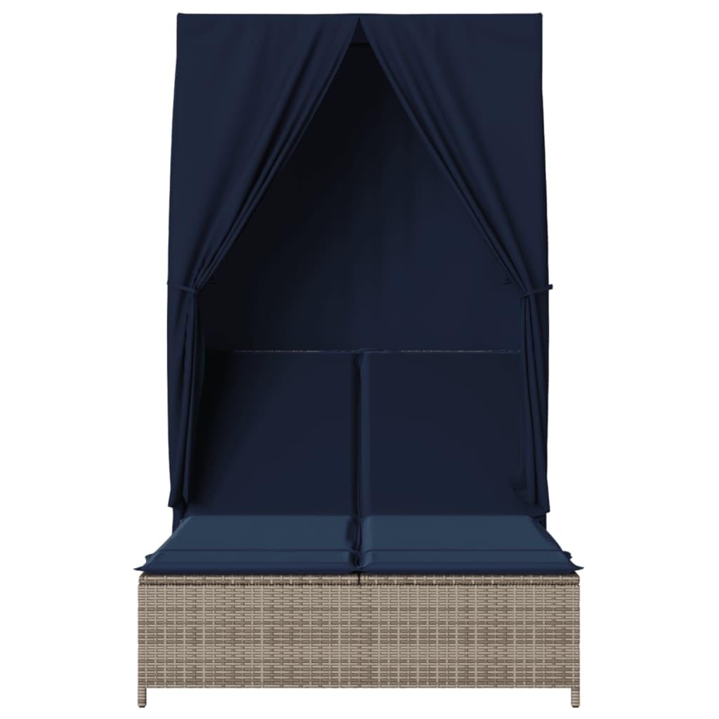 Chaise longue double avec toit et rideaux en polyrotin gris, dossier réglable, résistant aux intempéries, avec coussin rembourré, ergonomique pour jardin, terrasse, balcon et piscine