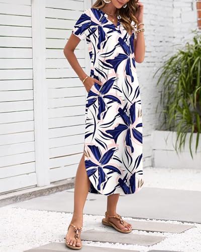 Image of MISFAY Women's Summer Maxi Dress 2026 Casual Short Sleeves V Neck Loose Sundress Split Long Beach T Shirt Dress