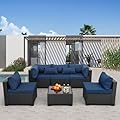 Rattaner Patio Sectional 6 Pieces All-Weather Wicker Patio Furniture Set Outdoor Sectional with Glass Patio Table Non-Slip Cushions and Waterproof Covers, Navy Blue