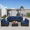 Rattaner Patio Sectional 6 Pieces All-Weather Wicker Patio Furniture Set Outdoor Sectional with Glass Table Non-Slip Cushions and Waterproof Cover, Navy Blue