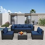 Patio Sectional 6 Pieces All-Weather Wicker Patio Furniture Set Outdoor Sectional with Glass Patio Table Non-Slip Cushions and Waterproof Covers, Navy Blue