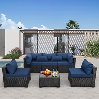Rattaner Patio Sectional 6 Pieces All-Weather Wicker Patio Furniture Set Outdoor Sectional with Glass Table Non-Slip Cushions and Waterproof Cover, Navy Blue