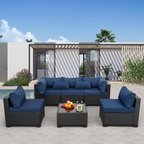 Rattaner Patio Sectional 6 Pieces All-Weather Wicker Patio Furniture Set Outdoor Sectional with Glass Table Non-Slip Cushions and Waterproof Cover, Navy Blue