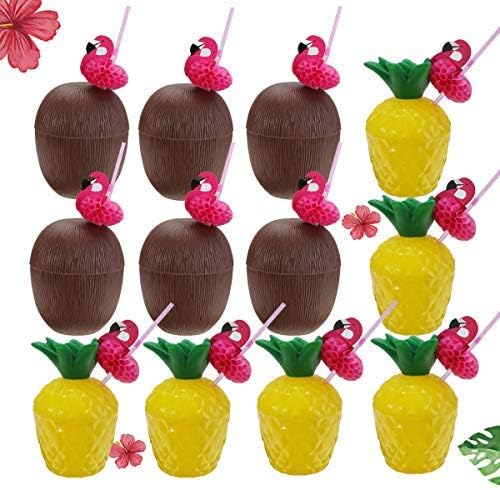 Pineapple Drink Cups Coconut Cups 12PCS Hawaiian Luau Party Decorations Pineapple Cups with Lids Straws Flamingo Decal, Hawaii Bachelorette Birthday Aloha Party Supplies for Adults Kids Favors